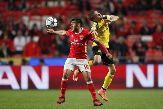 (L-R) Eduardo Salvio of SL Benfica, Marcel Schmelzer of Borussia Dortmundduring the UEFA Champions League round of 16 match between SL Benfica and Borussia Dortmund on February 14, 2017 at Estádio da Luz in Lisbon, Portugal SL Benfica v Borussia Dortmund UEFA Champions League 2016 2017 xVIxxIVx 7121485