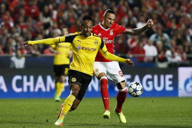 February 14, 2017 - Lisbon, Portugal - Dortmund s forward Aubameyang (L) vies for the ball with Benfica s midfielder Ljubomir Fejsa (R) during Champions League 2016 17 match between SL Benfica vs BVB Borussia Dortmund, in Lisbon, on February 14, 2017. SL Benfica v Borussia Dortmund - UEFA Champions League Round of 16: First Leg  - ZUMAn230 20170214_zaa_n230_512 Copyright: xCarlosxPalmax