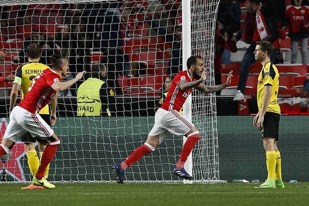 February 14, 2017 - Lisbon, Portugal - Benfica s forward Kostas Mitroglou (C) celebrates his goal during Champions League 2016 17 match between SL Benfica vs BVB Borussia Dortmund, in Lisbon, on February 14, 2017. SL Benfica v Borussia Dortmund - UEFA Champions League Round of 16: First Leg  - ZUMAn230 20170214_zaa_n230_505 Copyright: xCarlosxPalmax