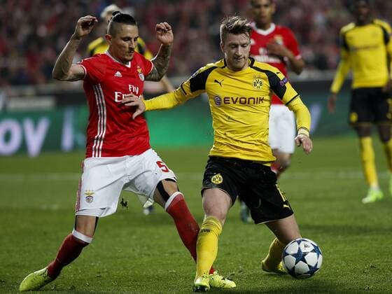 February 14, 2017 - Lisbon, Portugal - Benfica s midfielder Ljubomir Fejsa (L) vies for the ball with Dortmund s midfielder Marco Reus (R) during Champions League 2016 17 match between SL Benfica vs BVB Borussia Dortmund, in Lisbon, on February 14, 2017. SL Benfica v Borussia Dortmund - UEFA Champions League Round of 16: First Leg  - ZUMAn230 20170214_zaa_n230_515 Copyright: xCarlosxPalmax