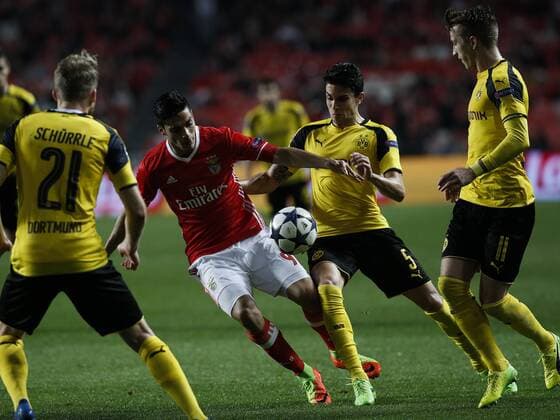February 14, 2017 - Lisbon, Portugal - Benfica s forward Raul Jimenez (2nd L) vies for the ball with Dortmund s defender Marc Bartra (2nd R) during Champions League 2016 17 match between SL Benfica vs BVB Borussia Dortmund, in Lisbon, on February 14, 2017. SL Benfica v Borussia Dortmund - UEFA Champions League Round of 16: First Leg  - ZUMAn230 20170214_zaa_n230_518 Copyright: xCarlosxPalmax