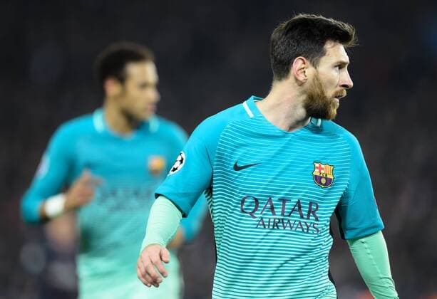 Fußball, CL, Paris St. Germain - FC Barcelona Lionel Messi ( Barcelona ) - Neymar ( Barcelona ) FOOTBALL : Paris Saint Germain vs FC Barcelona - Champions League - Paris - 14 02 2017 FedericoPestellini 
