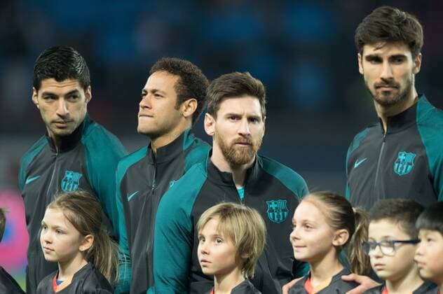 Fußball, CL, Paris St. Germain - FC Barcelona Luis Suarez ( Barcelona ) - Neymar ( Barcelona ) - Lionel Messi ( Barcelona ) - Andres Gomez ( Barcelona ) FOOTBALL : Paris Saint Germain vs FC Barcelona - Champions League - Paris - 14 02 2017 FedericoPestellini 
