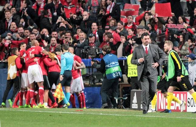 February 14th 2017, Lisbon, Portugal, UEFA Champions League football, Benfica versus Borussia Dortmund; Celebration for the goal by Konstantinos Mitroglou for 1-0 in the 48th minute xlaurent.lairysx  ActionPlus11846463