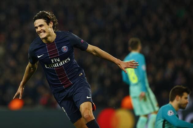 February 14, 2017 - Paris, France - PSG Edinson Cavani celebrates after scoring during the UEFA Champions League round of 16 first leg football match between Paris Saint-Germain and FC Barcelona Barca on February 14, 2017 at the Parc des Princes stadium in Paris. (Photo by Nurphoto) Paris Saint-Germain v FC Barcelona - UEFA Champions League Round of 16: First Leg  - ZUMAn230 20170214_zaa_n230_606 Copyright: xMehdixTaamallahx