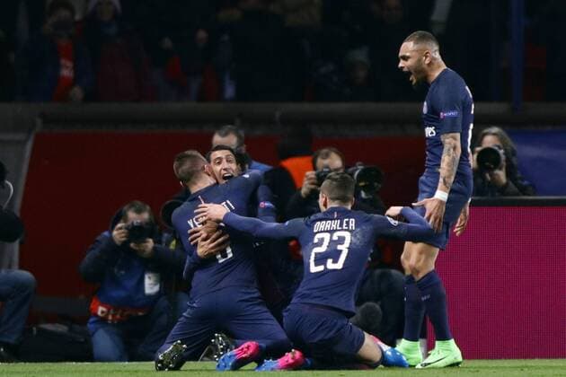 February 14, 2017 - Paris, France - PSG Angel Di Maria celebrates after scoring during the UEFA Champions League round of 16 first leg football match between Paris Saint-Germain and FC Barcelona Barca on February 14, 2017 at the Parc des Princes stadium in Paris. (Photo by Nurphoto) Paris Saint-Germain v FC Barcelona - UEFA Champions League Round of 16: First Leg  - ZUMAn230 20170214_zaa_n230_607 Copyright: xMehdixTaamallahx