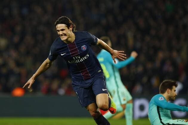 February 14, 2017 - Paris, France - PSG Edinson Cavani celebrates after scoring during the UEFA Champions League round of 16 first leg football match between Paris Saint-Germain and FC Barcelona Barca on February 14, 2017 at the Parc des Princes stadium in Paris. (Photo by Nurphoto) Paris Saint-Germain v FC Barcelona - UEFA Champions League Round of 16: First Leg  - ZUMAn230 20170214_zaa_n230_609 Copyright: xMehdixTaamallahx