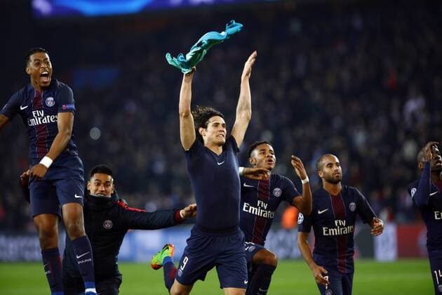 February 14, 2017 - Paris, France - PSG Edinson Cavani celebrates after scoring during the UEFA Champions League round of 16 first leg football match between Paris Saint-Germain and FC Barcelona Barca on February 14, 2017 at the Parc des Princes stadium in Paris. (Photo by Nurphoto) Paris Saint-Germain v FC Barcelona - UEFA Champions League Round of 16: First Leg  - ZUMAn230 20170214_zaa_n230_629 Copyright: xMehdixTaamallahx