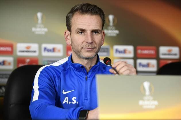 Genk s head coach Albert Stuivenberg pictured during a press conference PK Pressekonferenz of Belgian soccer team RC Genk, Wednesday 15 February 2017, in Giurgiu, in Romania. Tomorrow Genk is playing 1 16 finales first leg game of the Europa League competition against Romanian Club Astra Giurgiu. YORICKxJANSENS  x05047981x