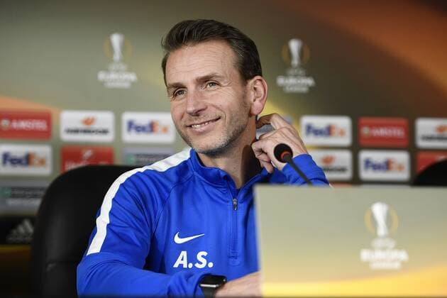 Genk s head coach Albert Stuivenberg pictured during a press conference PK Pressekonferenz of Belgian soccer team RC Genk, Wednesday 15 February 2017, in Giurgiu, in Romania. Tomorrow Genk is playing 1 16 finales first leg game of the Europa League competition against Romanian Club Astra Giurgiu. YORICKxJANSENS  x05047982x