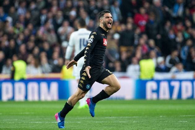 Fußball, CL, Real Madrid - SSC Neapel Lorenzo Insigne of SSC Napoli celebrates after scoring a goal during the match of Champions League between Real Madrid and SSC Napoli at Santiago Bernabeu Stadium in Madrid, Spain. February 15, 2017.  (20170215018)