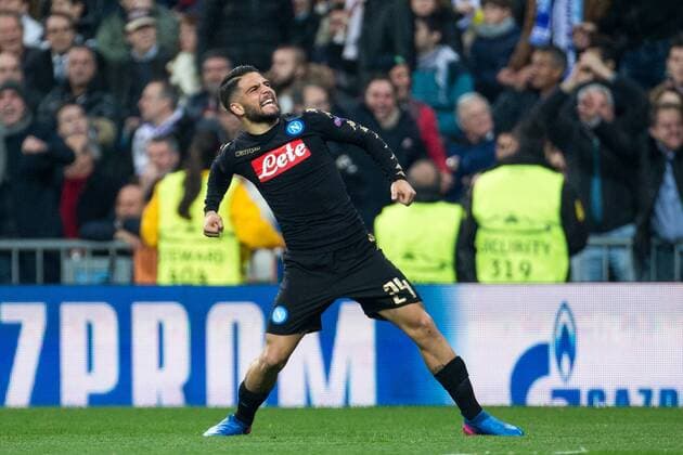 Fußball, CL, Real Madrid - SSC Neapel Lorenzo Insigne of SSC Napoli celebrates after scoring a goal during the match of Champions League between Real Madrid and SSC Napoli at Santiago Bernabeu Stadium in Madrid, Spain. February 15, 2017.  (20170215020)