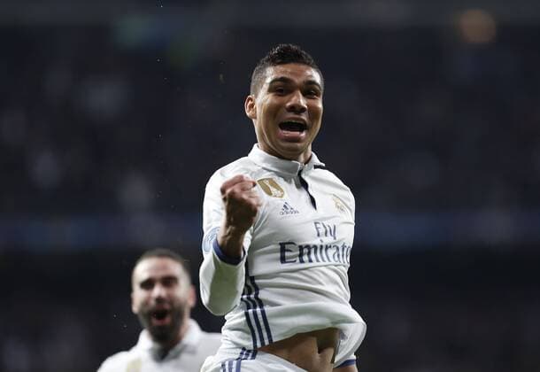 Fußball, CL, Real Madrid - SSC Neapel 3:1 Fußball, CL, Real Madrid - SSC Neapel Soccer match between Real Madrid and Napoli of the 2016 2017 Champions League, held at the Santiago Bernabeu stadium, in Madrid, February 15, 2017. (Photo: J. Luis Cuesta 261 Cordon Press). Casemiro celebrates after scoring  xJosexLuisxCuestax xx