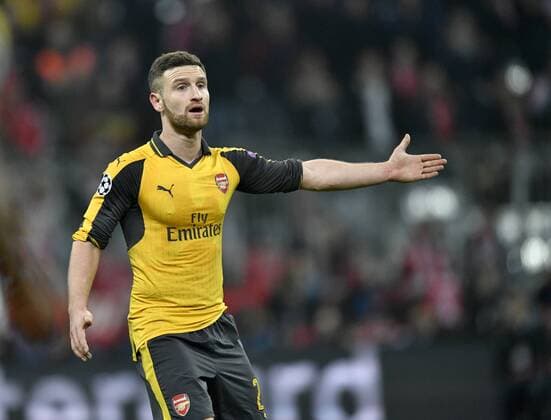 Shkordran Mustafi FC Arsenal London Gestik, Geste FC Bayern München FCB vs FC Arsenal London Gunners UEFA Champions-League CL Achtelfinale Hinspiel Spiel 1 Saison 2016 2017 München Allianz Arena 15.02.2017 FC Bayern München FCB vs FC Arsenal London Gunners