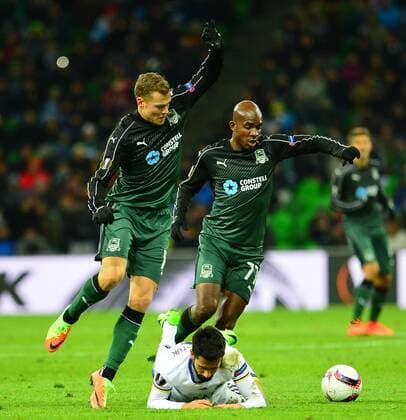 UEFA Europa League match between Krasnodar and Fenerbahce at Krasnodar Stadium in Krasnodar , Russia on February 16 , 2017. Pictured: Alper Potuk of Fenerbahce and Charles Kabore 77 , Viktor Claesson 16 of Krasnodar. 