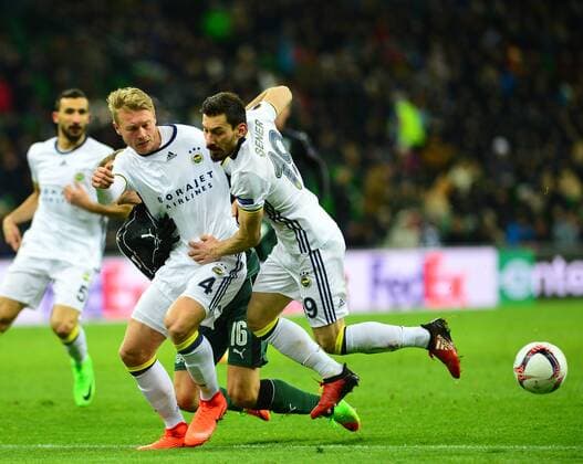UEFA Europa League match between Krasnodar and Fenerbahce at Krasnodar Stadium in Krasnodar , Russia on February 16 , 2017. Pictured: Simon Kjaer , Sener Ozbayrakli (R) of Fenerbahce and Viktor Claesson of Krasnodar. 