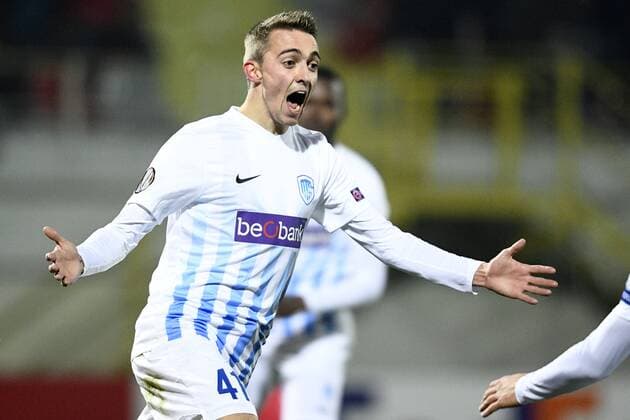 Genk s Timothy Castagne celebrates after scoring during a first leg game between Romanian Club Astra Giurgiu and Belgian soccer team RC Genk in the 1 16 finals of the Europa League competition on Thursday 16 February 2017, in Giurgiu, Romania. YORICKxJANSENS  x05048769x