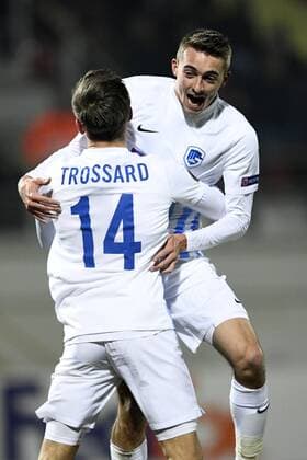 Genk s Leandro Trossard and Genk s Timothy Castagne celebrate during a first leg game between Romanian Club Astra Giurgiu and Belgian soccer team RC Genk in the 1 16 finals of the Europa League competition on Thursday 16 February 2017, in Giurgiu, Romania. YORICKxJANSENS  x05048779x