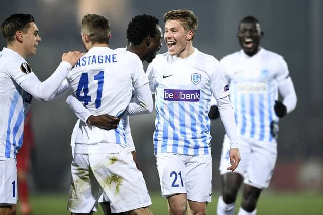 Genk s Leandro Trossard, Genk s Timothy Castagne, Genk s Bennard Kumordzi and Genk s Jere Uronen celebrate during a first leg game between Romanian Club Astra Giurgiu and Belgian soccer team RC Genk in the 1 16 finals of the Europa League competition on Thursday 16 February 2017, in Giurgiu, Romania. YORICKxJANSENS  x05048790x