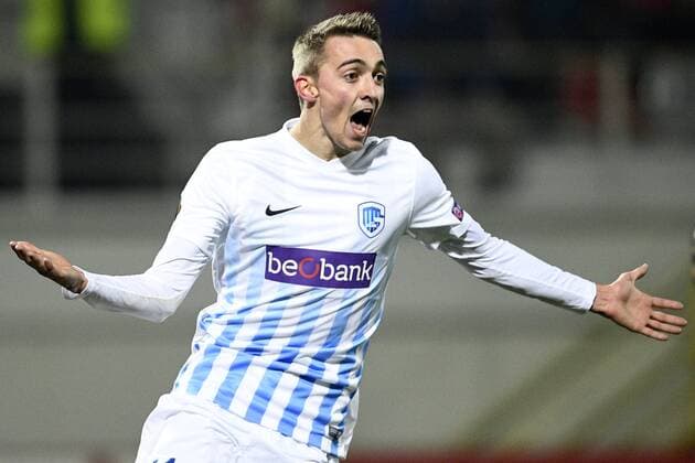 Genk s Timothy Castagne celebrates after scoring during a first leg game between Romanian Club Astra Giurgiu and Belgian soccer team RC Genk in the 1 16 finals of the Europa League competition on Thursday 16 February 2017, in Giurgiu, Romania. YORICKxJANSENS  x05048791x