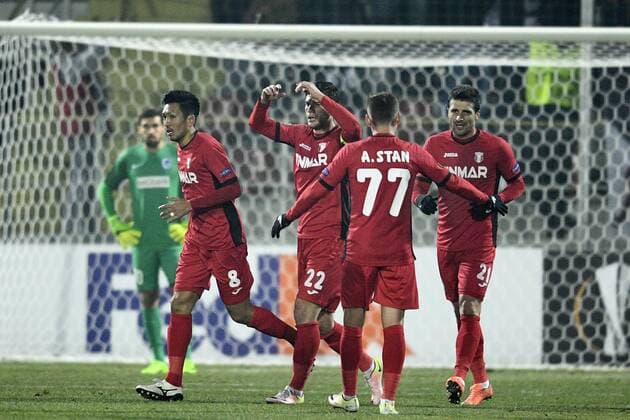 Astra Giurgiu s players celebrate during a first leg game between Romanian Club Astra Giurgiu and Belgian soccer team RC Genk in the 1 16 finals of the Europa League competition on Thursday 16 February 2017, in Giurgiu, Romania. YORICKxJANSENS  x05048810x