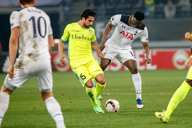 Gent s Kenneth Saief and Tottenham s midfielder Victor Wanyama fight for the ball during a game between Belgian soccer team KAA Gent and British team Tottenham, first-leg of the 1 16 finals of the Europa League competition, Thursday 16 February 2017, in Gent. KURTxDESPLENTER  x05048816x