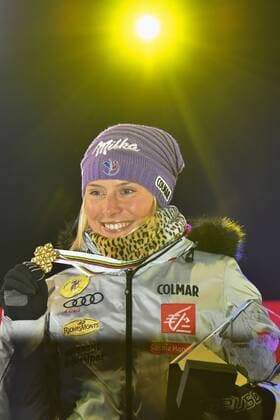 February 16, 2017: 1st place Tessa WORLEY (FRA) pose for photographs at the medal ceremony for the women s giant slalom event of the FIS Alpine World Ski Championships at St Moritz, Switzerland. Cal Media Skiing 2017: Alpine World Ski Championships - 16 Feb - ZUMAc04_ 20170216_zaf_c04_106 Copyright: xSydneyxLowx