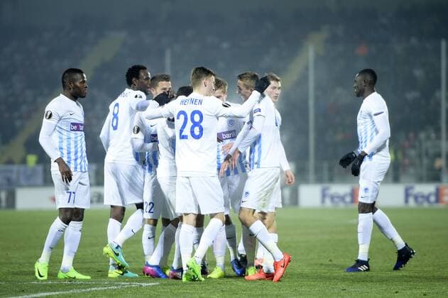 Genk s players celebrate during a first leg game between Romanian Club Astra Giurgiu and Belgian soccer team RC Genk in the 1 16 finals of the Europa League competition on Thursday 16 February 2017, in Giurgiu, Romania. YORICKxJANSENS  x05048843x
