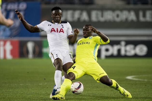(L-R) Victor Wanyama of Tottenham Hotspur FC, Anderson Esiti of KAA Gentduring the UEFA Europa League round of 16 match between KAA Gent and Tottenham Hotspur FC on February 16, 2017 at the Ghelamco Arena in Gent, Belgium. KAA Gent v Tottenham Hotspur FC UEFA Europa League 2016 2017 xVIxGerritxvanxKeulenxIVx 7131874