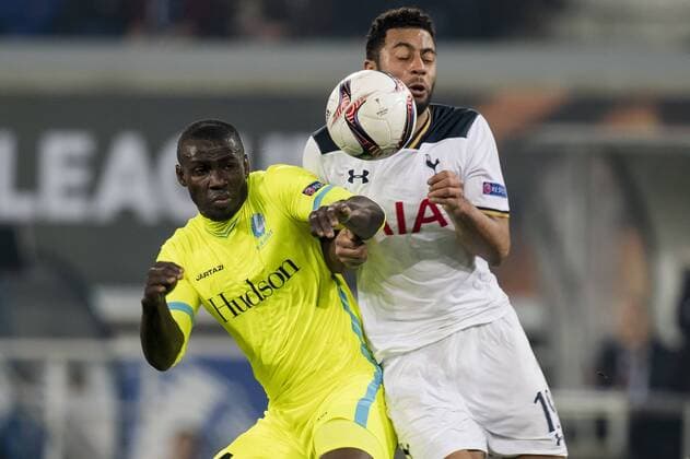 (L-R) Anderson Esiti of KAA Gent , Mousa Dembele of Tottenham Hotspur FCduring the UEFA Europa League round of 16 match between KAA Gent and Tottenham Hotspur FC on February 16, 2017 at the Ghelamco Arena in Gent, Belgium. KAA Gent v Tottenham Hotspur FC UEFA Europa League 2016 2017 xVIxGerritxvanxKeulenxIVx 7131878