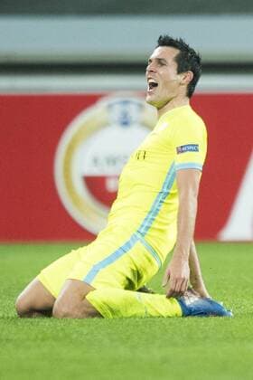 Gent s Jeremy Perbet celebrates after scoring during a game between Belgian soccer team KAA Gent and British team Tottenham, first-leg of the 1 16 finals of the Europa League competition, Thursday 16 February 2017, in Gent. JASPERxJACOBS  x05048885x