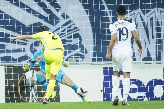Gent s Jeremy Perbet scores a goal during a game between Belgian soccer team KAA Gent and British team Tottenham, first-leg of the 1 16 finals of the Europa League competition, Thursday 16 February 2017, in Gent. JASPERxJACOBS  x05048856x