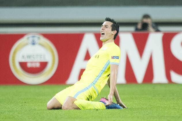 Gent s Jeremy Perbet celebrates after scoring during a game between Belgian soccer team KAA Gent and British team Tottenham, first-leg of the 1 16 finals of the Europa League competition, Thursday 16 February 2017, in Gent. JASPERxJACOBS  x05048886x