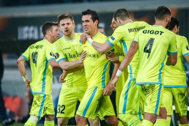 Gent s Jeremy Perbet celebrates after scoring during a game between Belgian soccer team KAA Gent and British team Tottenham, first-leg of the 1 16 finals of the Europa League competition, Thursday 16 February 2017, in Gent. KURTxDESPLENTER  x05048872x