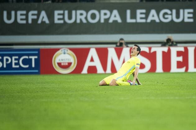 Gent s Jeremy Perbet celebrates after scoring during a game between Belgian soccer team KAA Gent and British team Tottenham, first-leg of the 1 16 finals of the Europa League competition, Thursday 16 February 2017, in Gent. JASPERxJACOBS  x05048888x