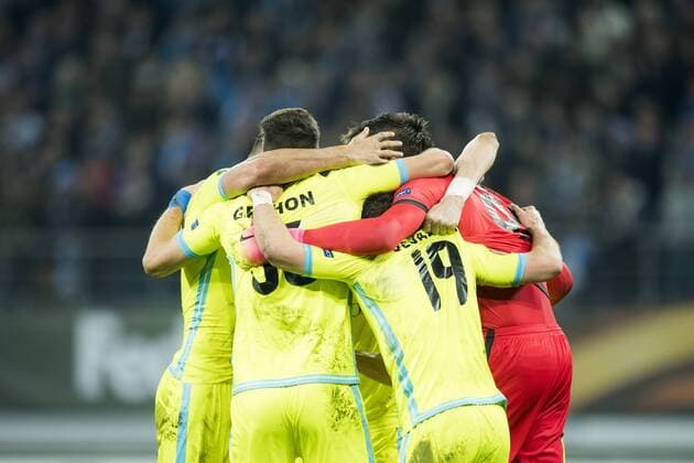 Gent s players celebrate after winning a game between Belgian soccer team KAA Gent and British team Tottenham, first-leg of the 1 16 finals of the Europa League competition, Thursday 16 February 2017, in Gent. JASPERxJACOBS  x05048933x