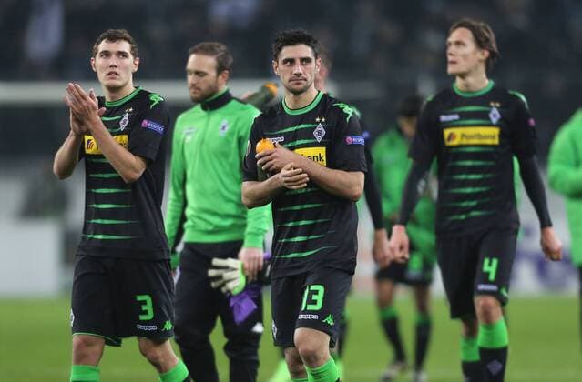 Gladbach, Germany 16.02.2017, Europa League, round of 32, 1st leg, Borussia Moenchengladbach - ACF Fiorentina, Andreas Christensen (Moenchengladbach, L), Lars Stindl und Jannik Vestergaard gehen nach dem Spiel ueber den Platz. ( DeFodi512