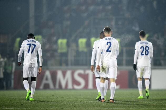 Genk s Mwbana Ally Samatta, Genk s Jakub Brabec and Genk s Bryan Heynen pictured after a first leg game between Romanian Club Astra Giurgiu and Belgian soccer team RC Genk in the 1 16 finals of the Europa League competition Thursday 16 February 2017, in Giurgiu, Romania. YORICKxJANSENS  x05048978x