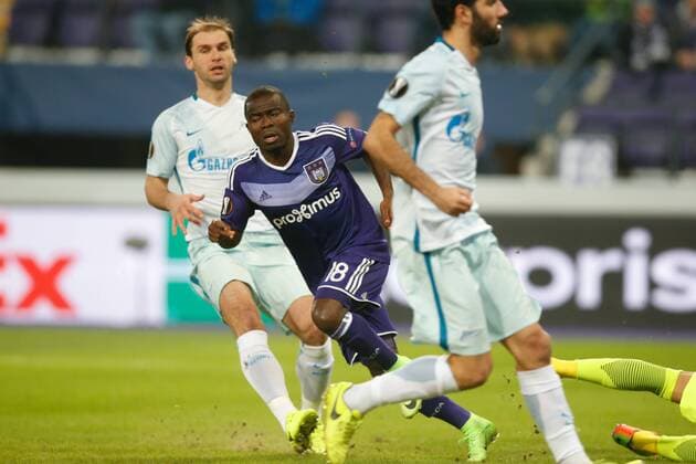 Anderlecht s Frank Acheampong celebrates after scoring during a game between Belgian soccer team RSC Anderlecht and Russian team FC Zenit, first-leg of the 1 16 finals of the Europa League competition, Thursday 16 February 2017, in Brussels. BRUNOxFAHY  x05048997x