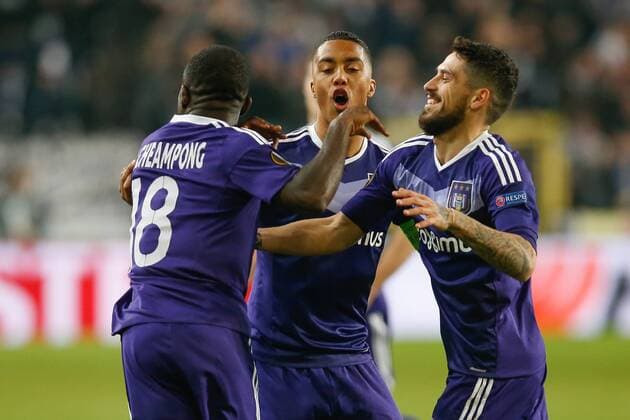 Anderlecht s Frank Acheampong celebrates after scoring during a game between Belgian soccer team RSC Anderlecht and Russian team FC Zenit, first-leg of the 1 16 finals of the Europa League competition, Thursday 16 February 2017, in Brussels. BRUNOxFAHY  x05049002x