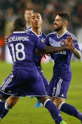 Anderlecht s Frank Acheampong celebrates after scoring during a game between Belgian soccer team RSC Anderlecht and Russian team FC Zenit, first-leg of the 1 16 finals of the Europa League competition, Thursday 16 February 2017, in Brussels. BRUNOxFAHY  x05049003x