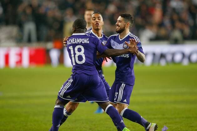 Anderlecht s Frank Acheampong celebrates after scoring during a game between Belgian soccer team RSC Anderlecht and Russian team FC Zenit, first-leg of the 1 16 finals of the Europa League competition, Thursday 16 February 2017, in Brussels. BRUNOxFAHY  x05049004x