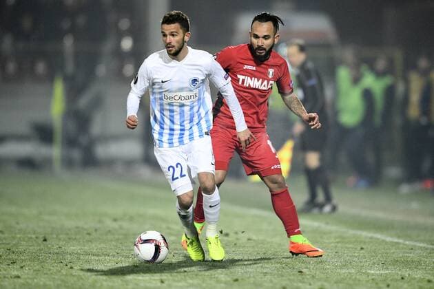 Genk s Siebe Schrijvers and Astra Giurgiu s Junior Morais fight for the ball during a first leg game between Romanian Club Astra Giurgiu and Belgian soccer team RC Genk in the 1 16 finals of the Europa League competition Thursday 16 February 2017, in Giurgiu, Romania. YORICKxJANSENS  x05049031x