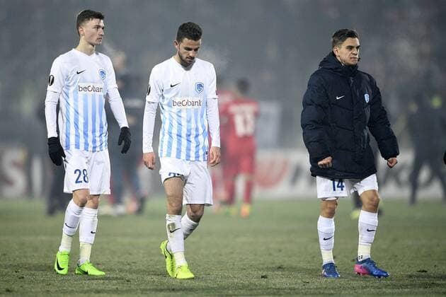 Genk s Bryan Heynen, Genk s Siebe Schrijvers and Genk s Leandro Trossard pictured after a first leg game between Romanian Club Astra Giurgiu and Belgian soccer team RC Genk in the 1 16 finals of the Europa League competition Thursday 16 February 2017, in Giurgiu, Romania. YORICKxJANSENS  x05048981x