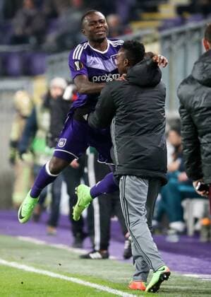 Anderlecht s Frank Acheampong celebrates after scoring during a game between Belgian soccer team RSC Anderlecht and Russian team FC Zenit, first-leg of the 1 16 finals of the Europa League competition, Thursday 16 February 2017, in Brussels. VIRGINIExLEFOUR  x05049037x