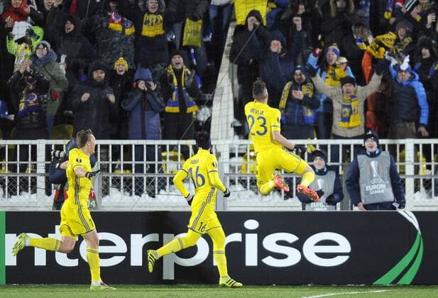 ROSTOV-ON-DON, RUSSIA - FEBRUARY 16, 2017: FC Rostovâ€™s Aleksandr Bukharov, Christian Noboa, and Miha Mevlja (L-R) celebrate scoring in their 2016-17 UEFA Europa League Round of 32, 1st leg football match against AC Sparta Prague at Olimp 2 Stadium. FC Rostov won the game 4-0. Valery Matytsin TASS  TS041772