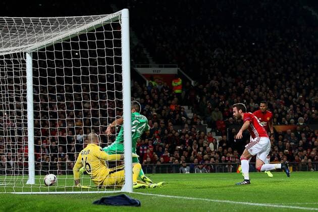 Juan Mata of Manchester United ManU watches as Zlatan Ibrahimovic s free kick rolls over the line during the UEFA Europa League Round of 32 1st leg match at Old Trafford Stadium, Manchester. Picture date: February 16th, 2017. Pic credit should read: Matt McNulty Sportimage EDITORIAL USE ONLY. No use with unauthorised audio, video, data, fixture lists, club league logos or live services. Online in-match use limited to 120 images, no video emulation. No use in betting, games or single club league player publications.