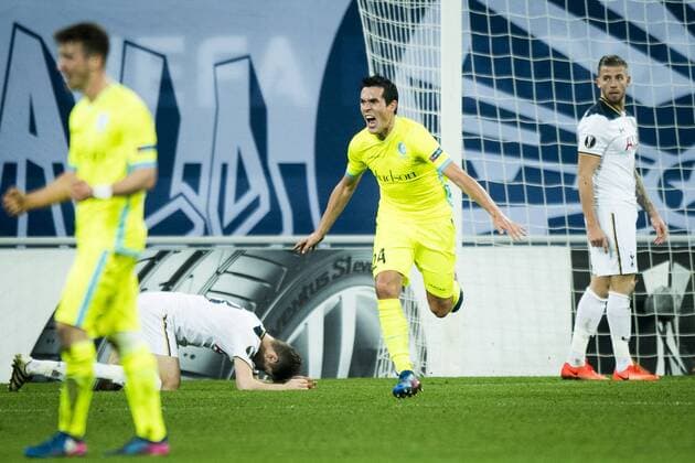 Gent s Jeremy Perbet celebrates after scoring during a game between Belgian soccer team KAA Gent and British team Tottenham, first-leg of the 1 16 finals of the Europa League competition, Thursday 16 February 2017, in Gent. JASPERxJACOBS  x05049055x