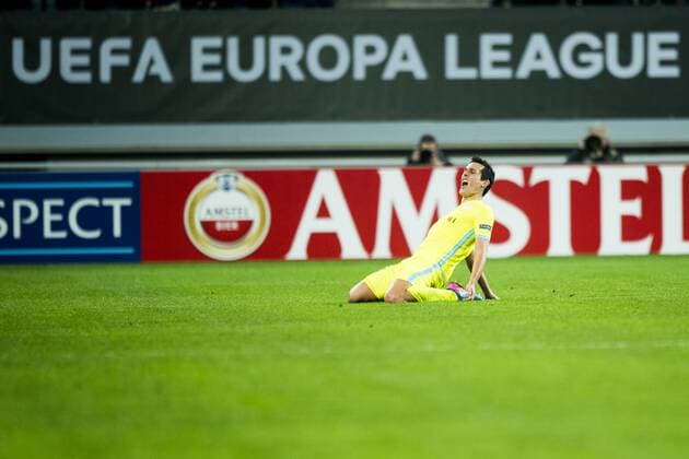 Gent s Jeremy Perbet celebrates after scoring during a game between Belgian soccer team KAA Gent and British team Tottenham, first-leg of the 1 16 finals of the Europa League competition, Thursday 16 February 2017, in Gent. JASPERxJACOBS  x05049056x