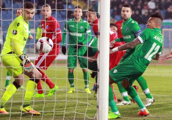 16.02.2017 Sofia(Bulgaria) PFC Ludogorets-FC Kobenhavn(FC Copenhagen) Europa League men s football Vladislav Stoyanov(L) PFC Ludogorets goalkeeper recieved first goal on match beside Abel Anicet(r) and Erik Johansson(2L) FC Kobenhavn(FC Copenhagen) :Str 